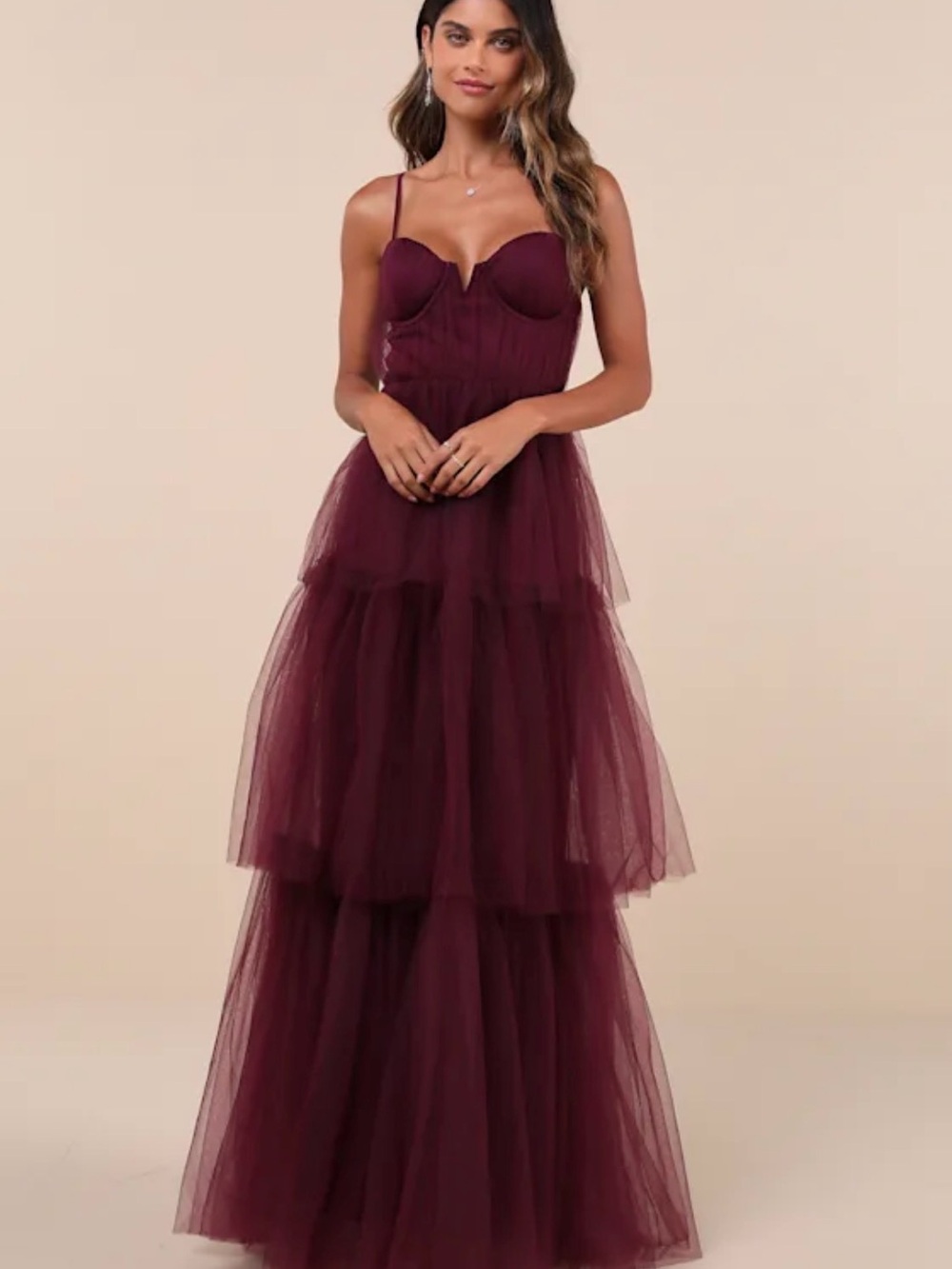 Lulu's Burgundy Tulle Tiered Spaghetti-Strap Maxi Dress